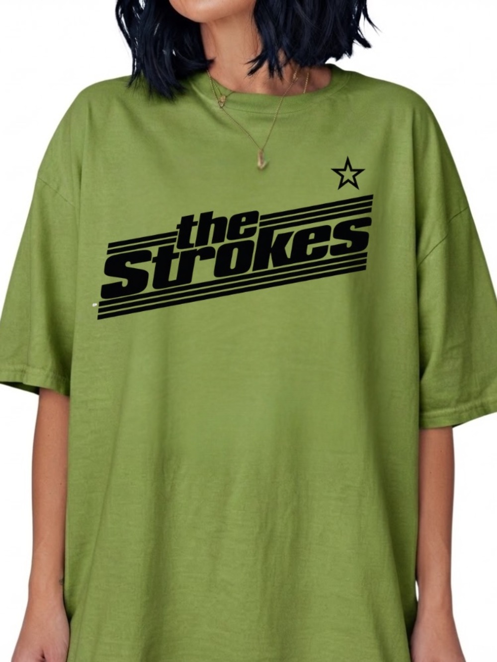 The Strokes Band Logo Star Indie Rock Music Vintage Olive Green T-Shirt